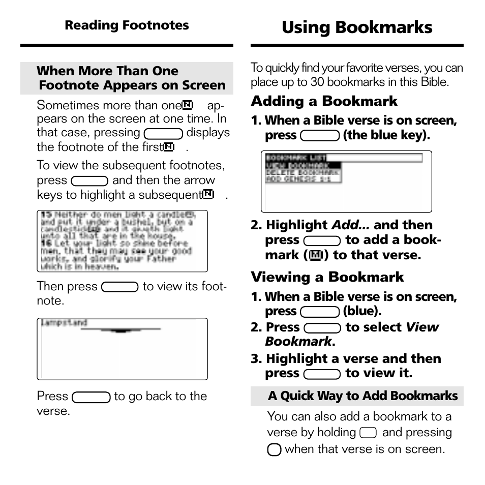 Using bookmarks, Adding a bookmark, Viewing a bookmark | Franklin KJB-770 User Manual | Page 16 / 21