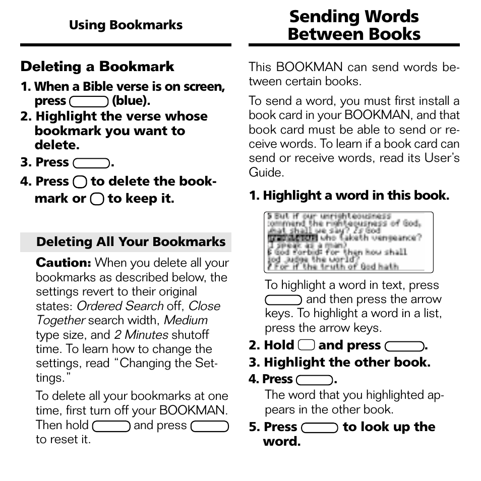 Sending words between books, Deleting a bookmark | Franklin KJB-770 User Manual | Page 17 / 21