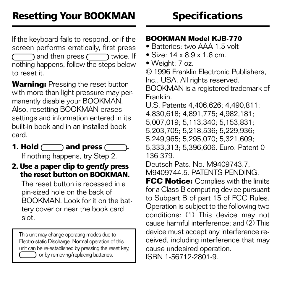 Resetting your bookman, Specifications | Franklin KJB-770 User Manual | Page 18 / 21