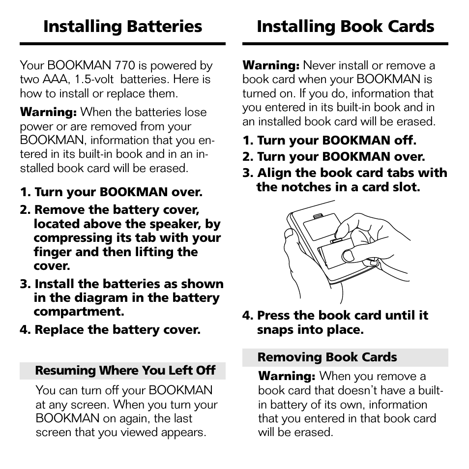 Installing book cards installing batteries | Franklin KJB-770 User Manual | Page 6 / 21