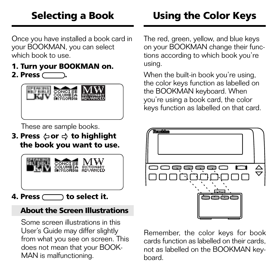 Selecting a book, Using the color keys | Franklin KJB-770 User Manual | Page 7 / 21