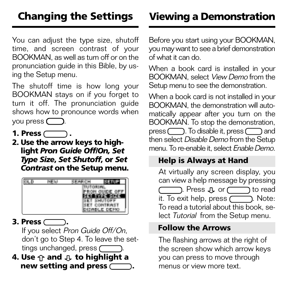 Changing the settings, Viewing a demonstration | Franklin KJB-770 User Manual | Page 8 / 21