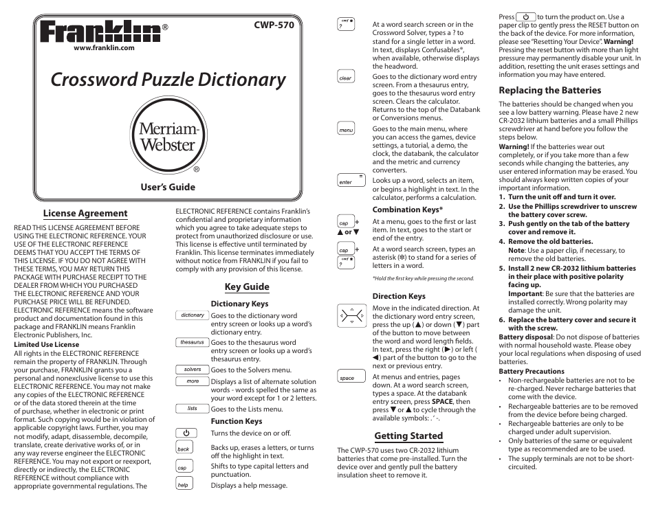 Franklin Crossword Puzzle Dictionary CWP-570 User Manual | 7 pages