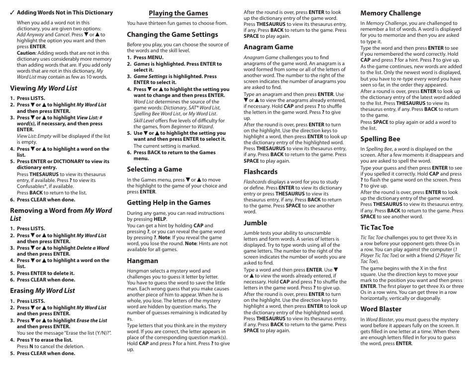 Playing the games, Viewing my word list, Removing a word from my word list | Erasing my word list, Changing the game settings, Selecting a game, Getting help in the games, Hangman, Anagram game, Flashcards | Franklin Crossword Puzzle Dictionary CWP-570 User Manual | Page 4 / 7