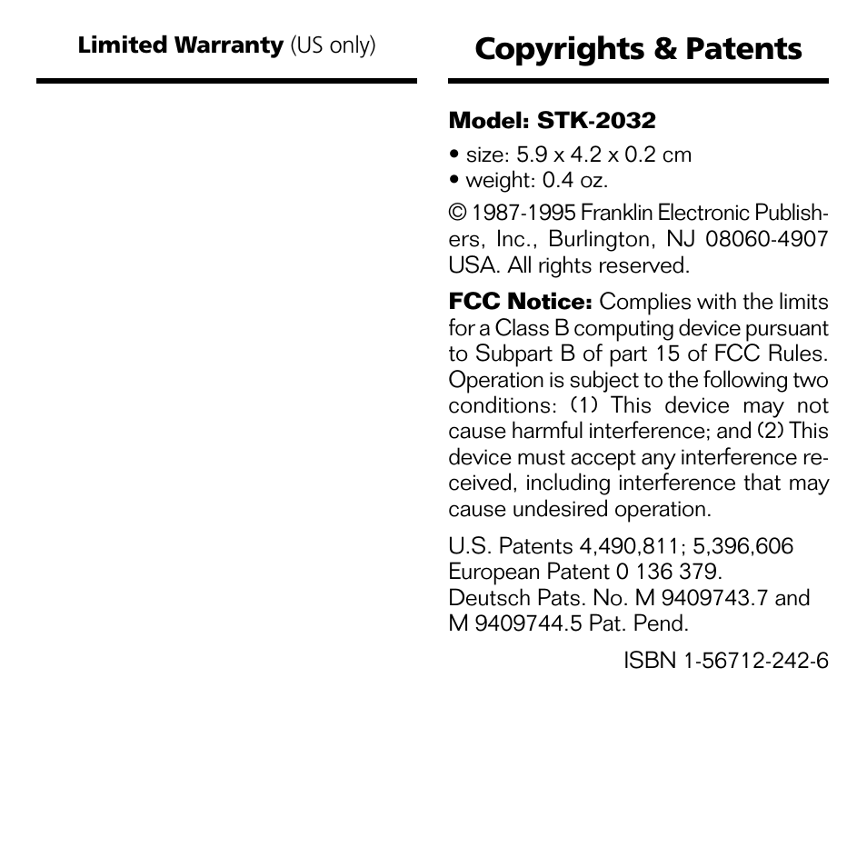 Copyrights & patents | Franklin STK-2032 User Manual | Page 10 / 12