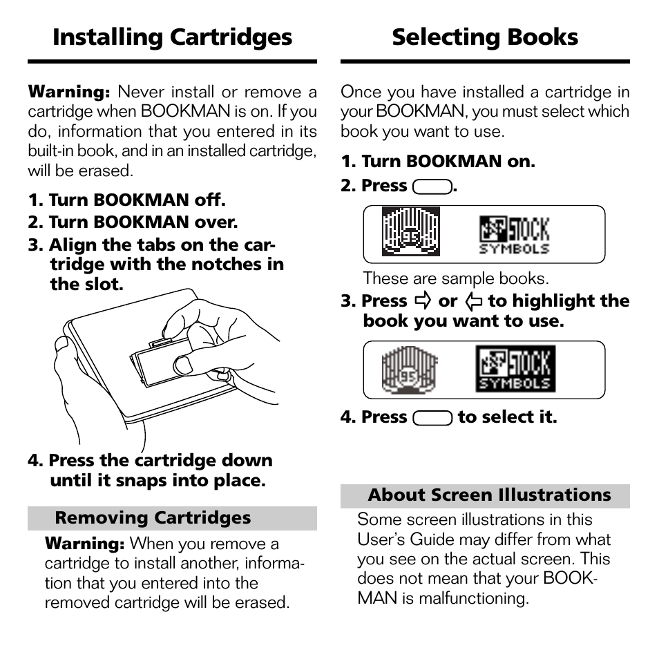 Installing cartridges, Selecting books | Franklin STK-2032 User Manual | Page 5 / 12