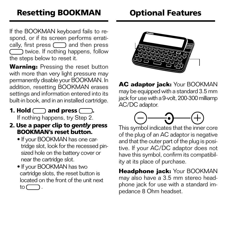 Optional features, Resetting bookman, And then press | And press | Franklin STK-2032 User Manual | Page 9 / 12