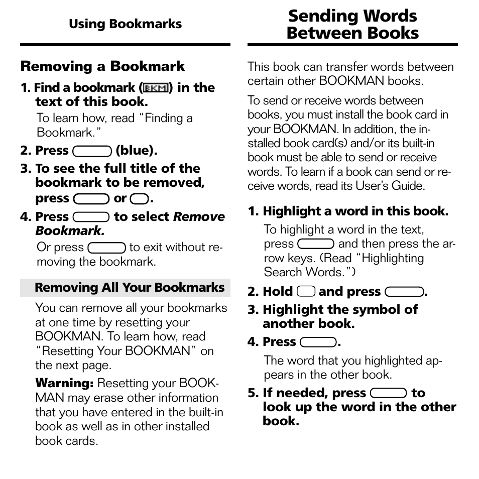 Sending words between books, Removing a bookmark | Franklin NND-2063 User Manual | Page 15 / 20