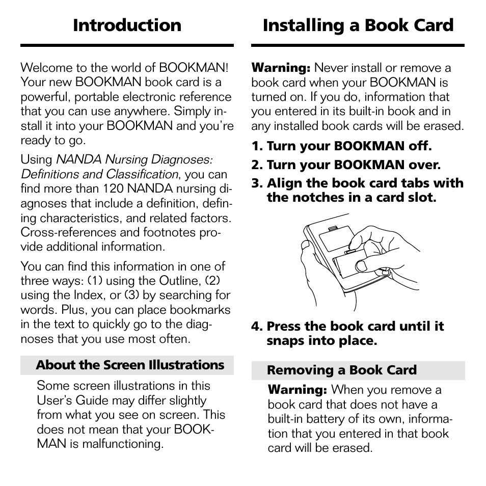 Introduction, Installing a book card | Franklin NND-2063 User Manual | Page 5 / 20