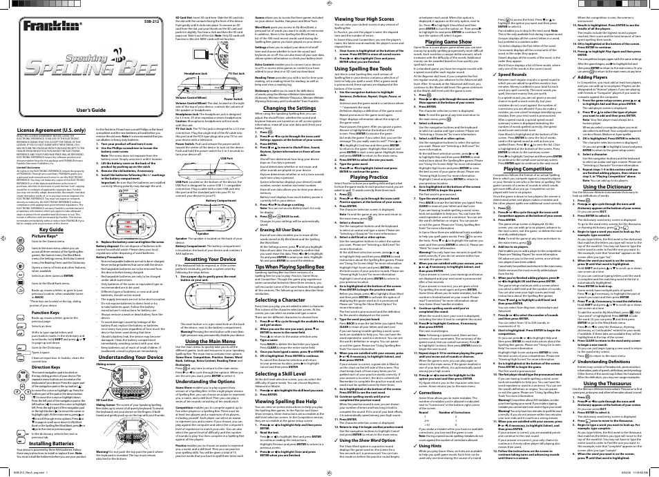 Franklin SPELLING BEE SSB-212 User Manual | 2 pages