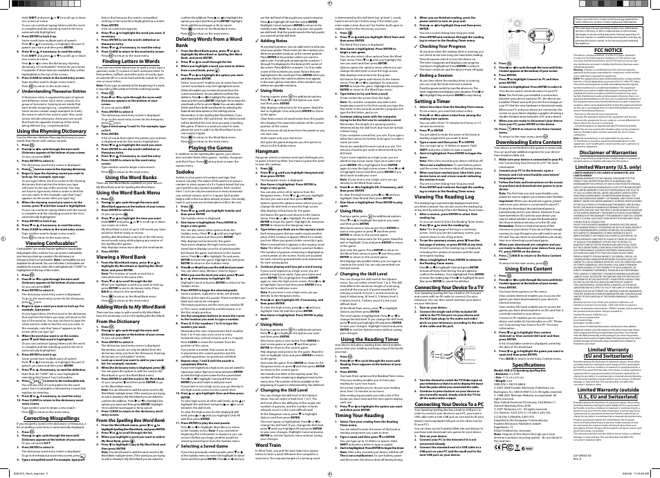 Audio (mono) video 1 input r l | Franklin SPELLING BEE SSB-212 User Manual | Page 2 / 2