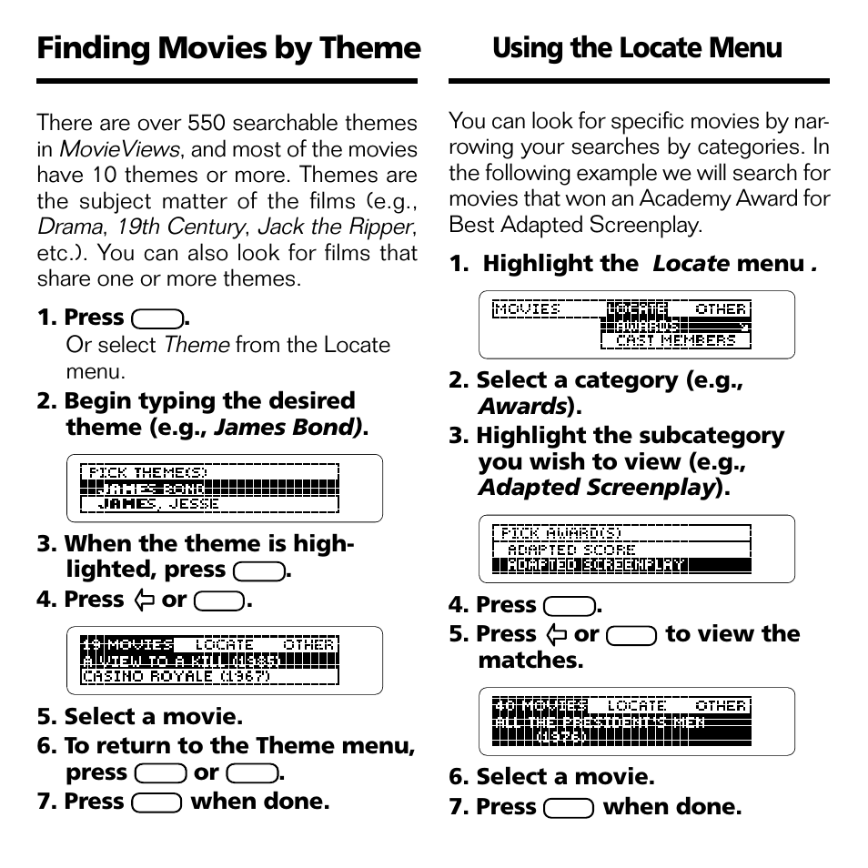 Finding movies by theme, Using the locate menu | Franklin MOVIEVIEWS FLX-440 User Manual | Page 10 / 20