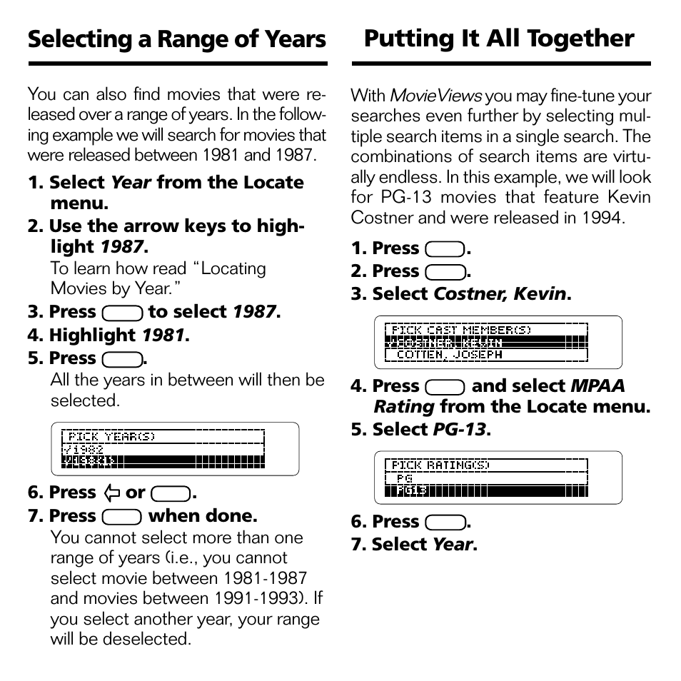 Selecting a range of years, Putting it all together | Franklin MOVIEVIEWS FLX-440 User Manual | Page 12 / 20