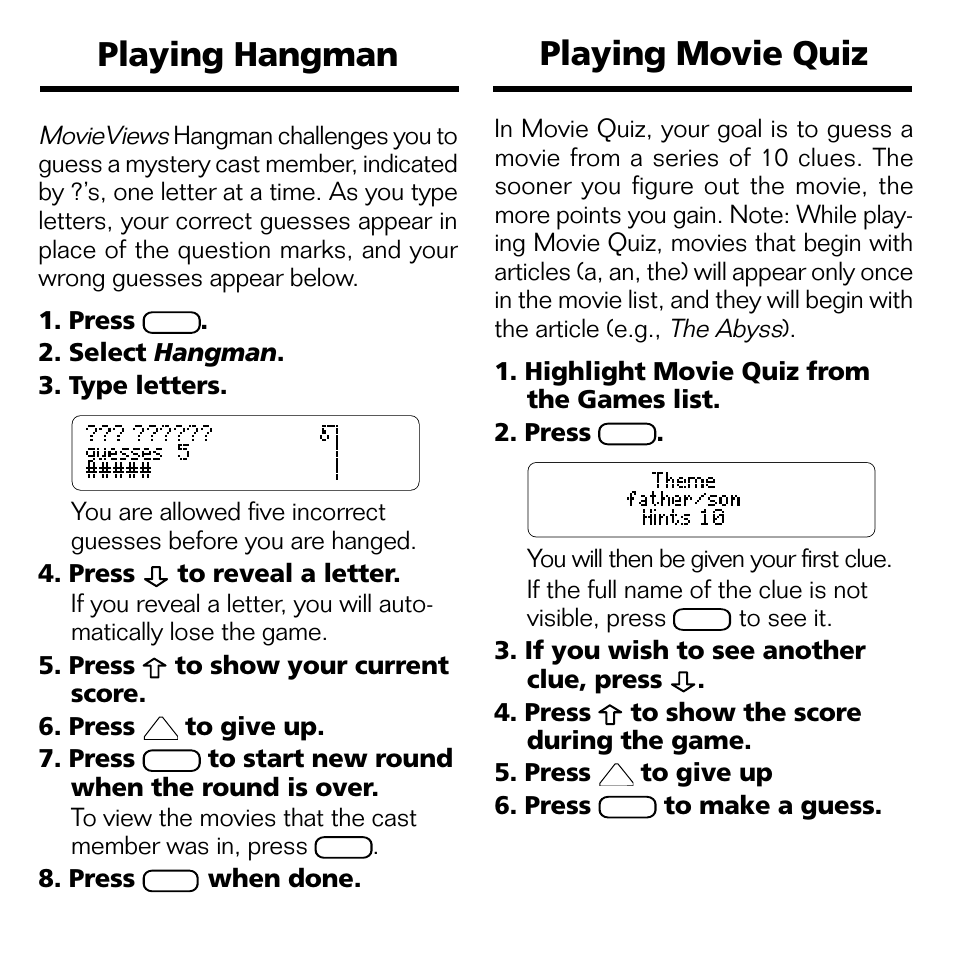 Playing hangman, Playing movie quiz | Franklin MOVIEVIEWS FLX-440 User Manual | Page 15 / 20