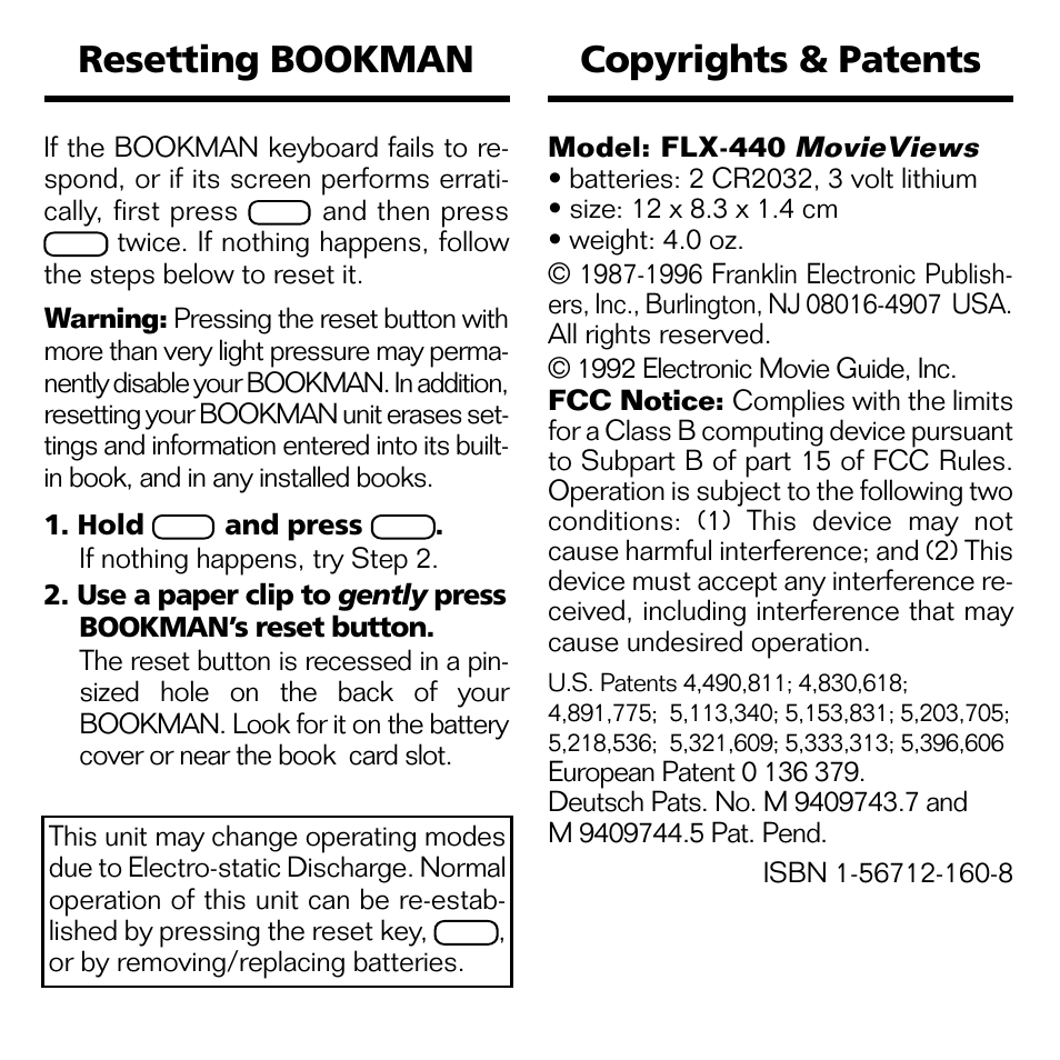 Copyrights & patents, Resetting bookman | Franklin MOVIEVIEWS FLX-440 User Manual | Page 18 / 20