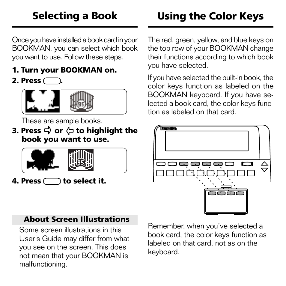 Selecting a book, Using the color keys | Franklin MOVIEVIEWS FLX-440 User Manual | Page 5 / 20