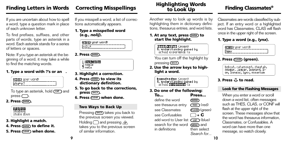 Correcting misspellings, Finding letters in words, Finding classmates | Highlighting words to look up | Franklin Bookman ADV-640 User Manual | Page 11 / 20
