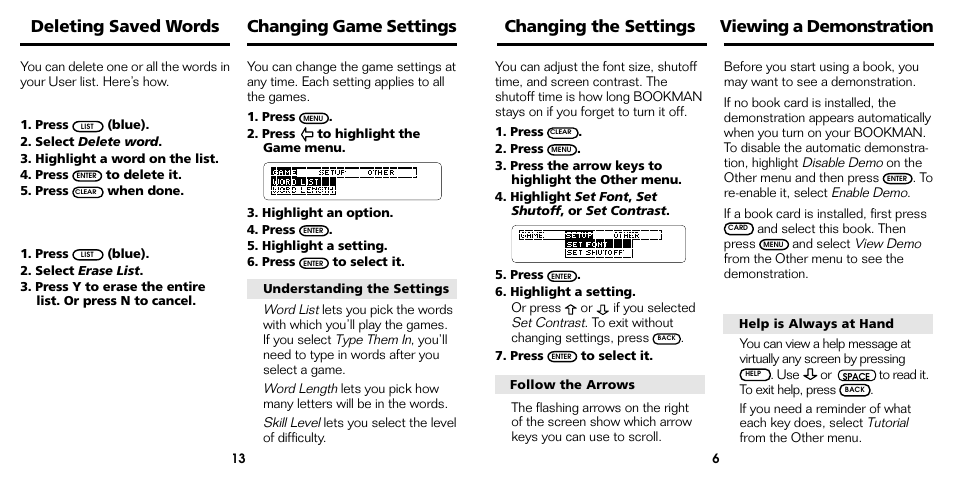 Changing game settings, Viewing a demonstration, Changing the settings | Deleting saved words | Franklin Bookman ADV-640 User Manual | Page 14 / 20