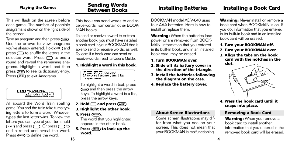 Installing a book card, Installing batteries, Sending words between books | Franklin Bookman ADV-640 User Manual | Page 16 / 20