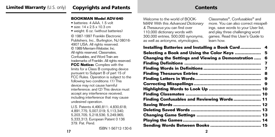 Franklin Bookman ADV-640 User Manual | Page 18 / 20