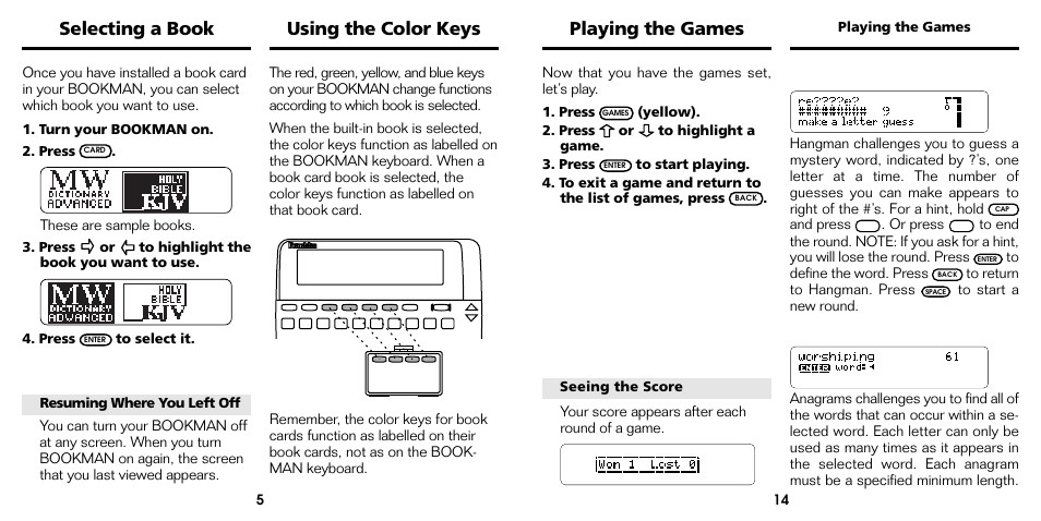 Playing the games, Selecting a book, Using the color keys | Franklin Bookman ADV-640 User Manual | Page 6 / 20