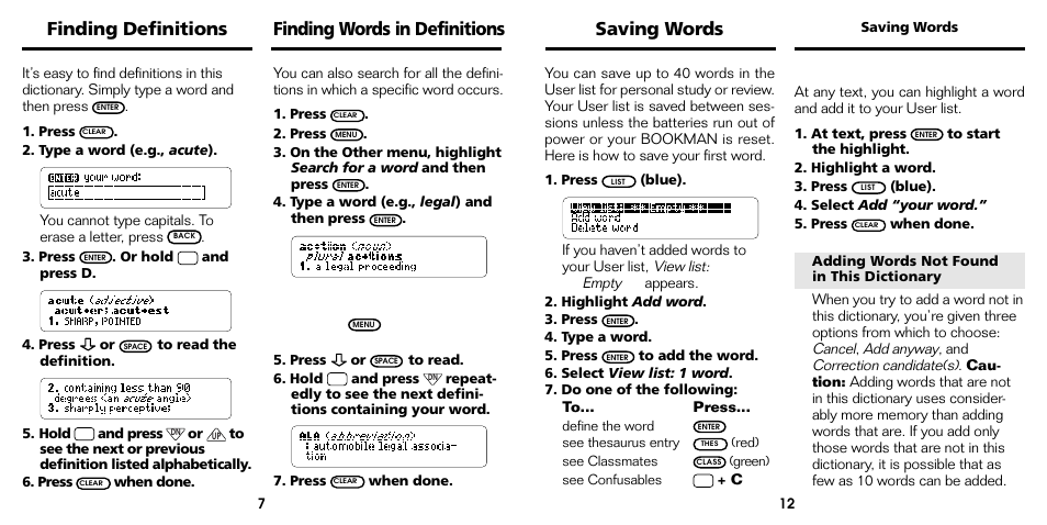 Finding words in definitions, Finding definitions, Saving words | Franklin Bookman ADV-640 User Manual | Page 8 / 20
