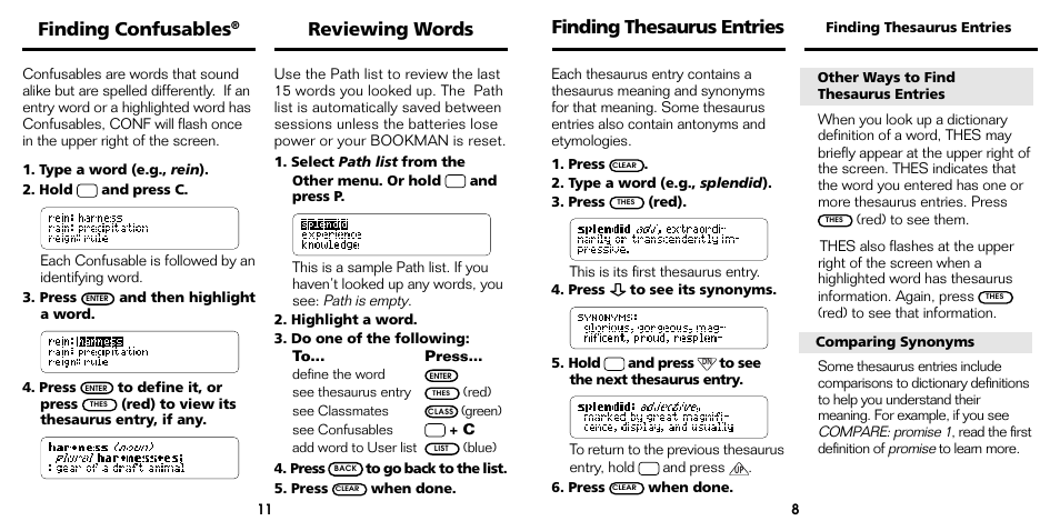 Finding thesaurus entries, Reviewing words, Finding confusables | Franklin Bookman ADV-640 User Manual | Page 9 / 20