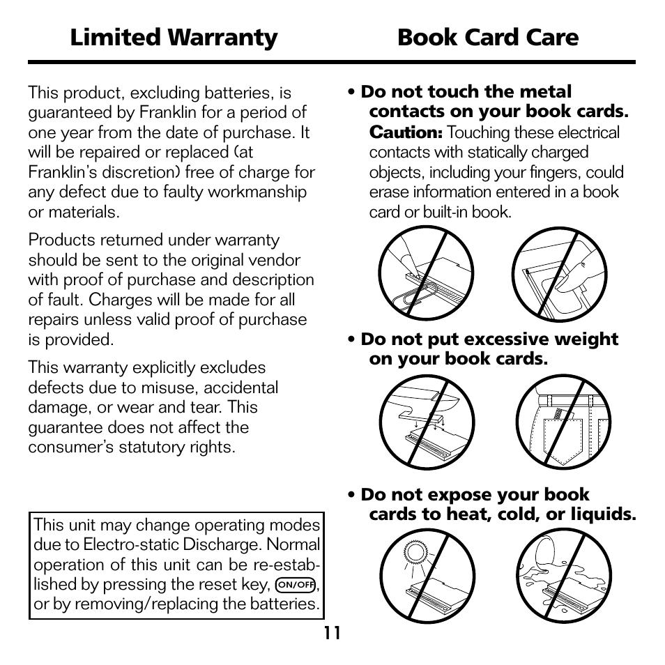 Limited warranty, Book card care, Limited warranty book card care | Franklin CWQ-2056 User Manual | Page 12 / 18