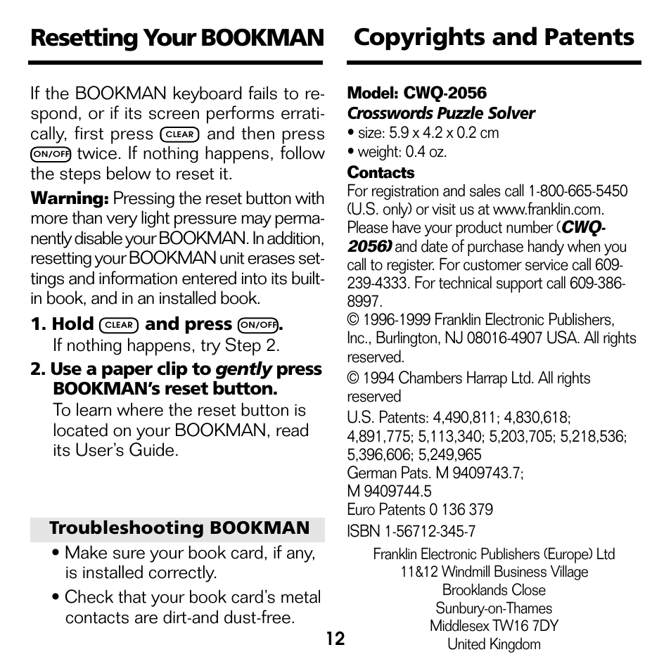 Resetting your bookman, Copyrights and patents, Resetting your bookman copyrights and patents | Franklin CWQ-2056 User Manual | Page 13 / 18