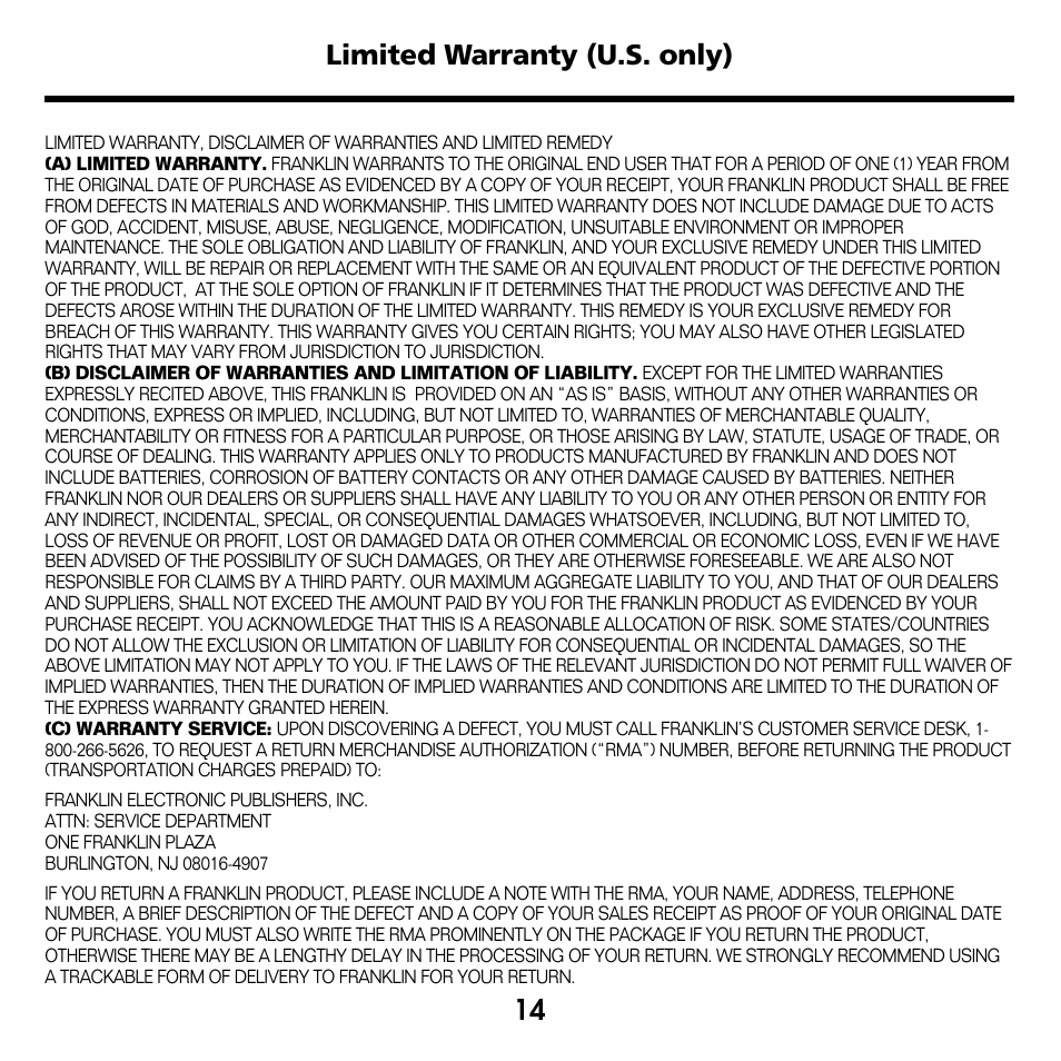 Limited warranty (u.s. only) | Franklin CWQ-2056 User Manual | Page 15 / 18