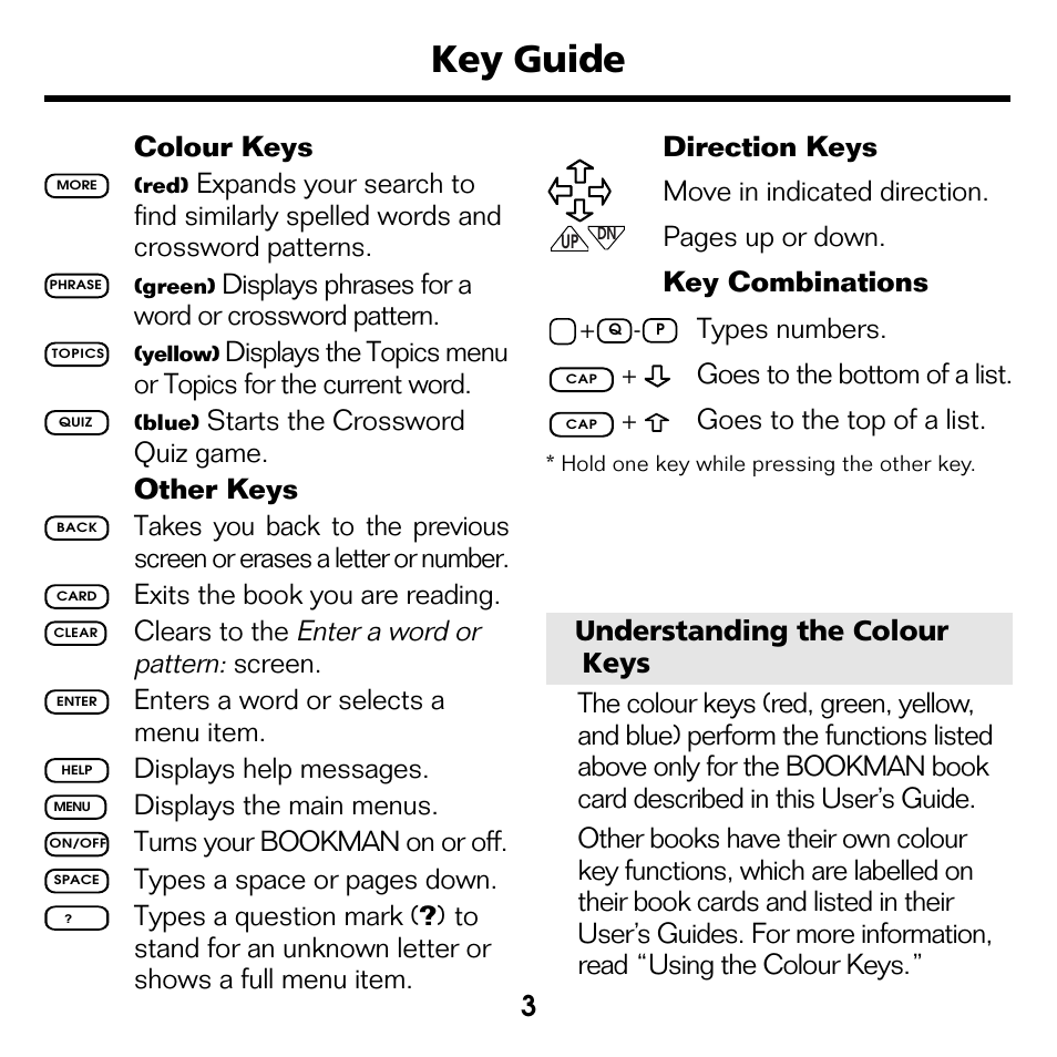 Key guide, Enter a word or pattern, 3colour keys | Displays phrases for a word or crossword pattern, Starts the crossword quiz game. other keys, Exits the book you are reading, Clears to the, Screen, Enters a word or selects a menu item, Displays help messages | Franklin CWQ-2056 User Manual | Page 4 / 18