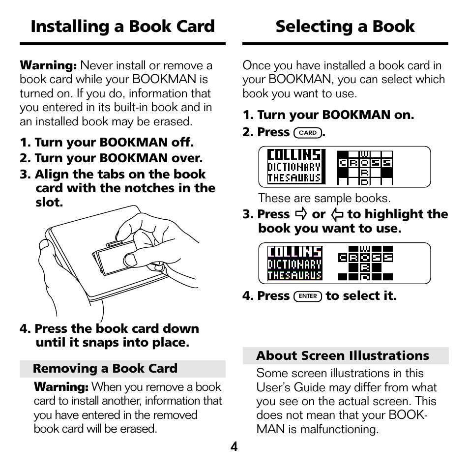 Selecting a book, Installing a book card selecting a book, Installing a book card | Franklin CWQ-2056 User Manual | Page 5 / 18