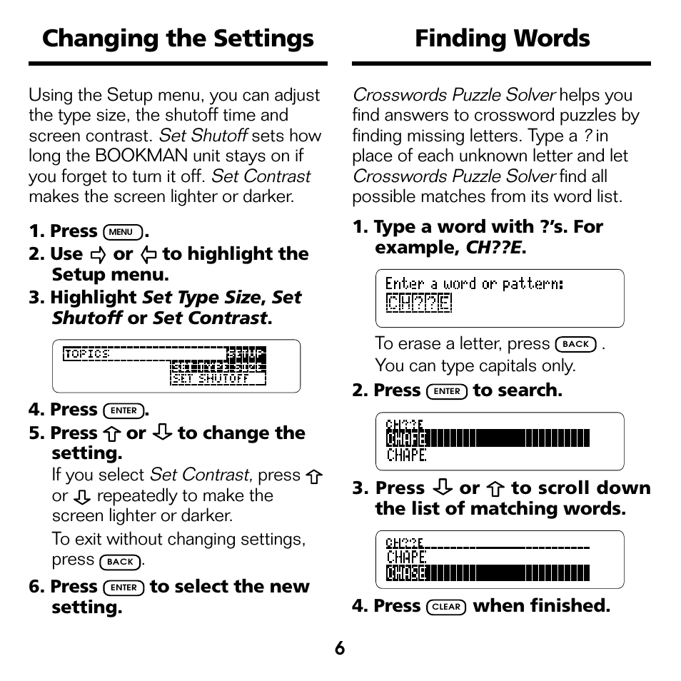 Changing the settings, Finding words, Changing the settings finding words | Franklin CWQ-2056 User Manual | Page 7 / 18