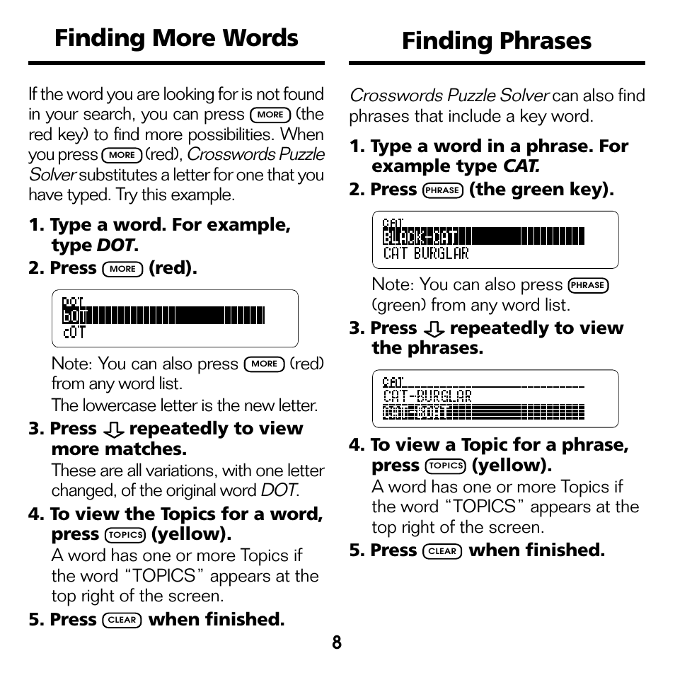 Finding more words, Finding phrases, Finding more words finding phrases | Franklin CWQ-2056 User Manual | Page 9 / 18