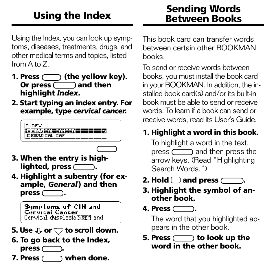 Using the index, Sending words between books, Using the index sending words between books | Franklin GWH-2055 User Manual | Page 14 / 21