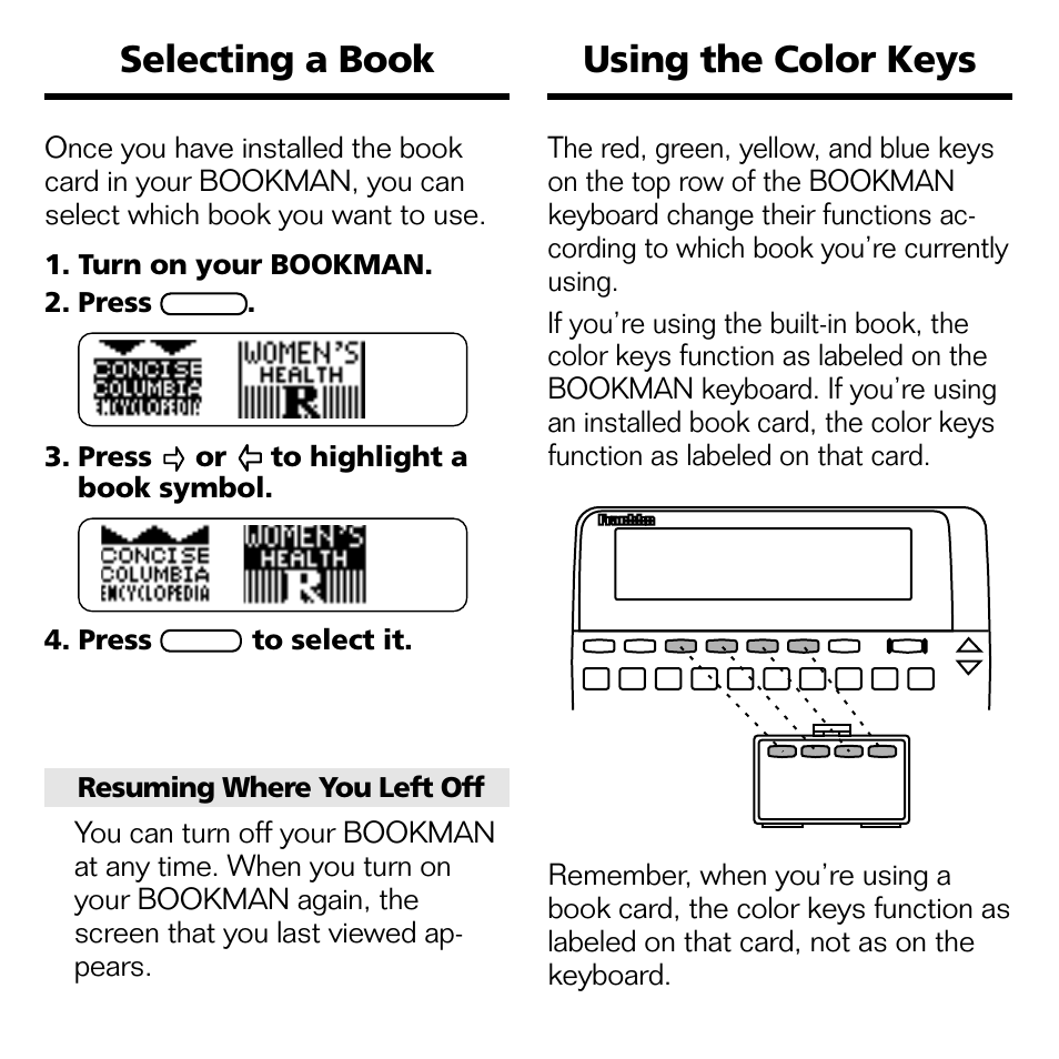 Selecting a book, Using the color keys, Selecting a book using the color keys | Franklin GWH-2055 User Manual | Page 6 / 21