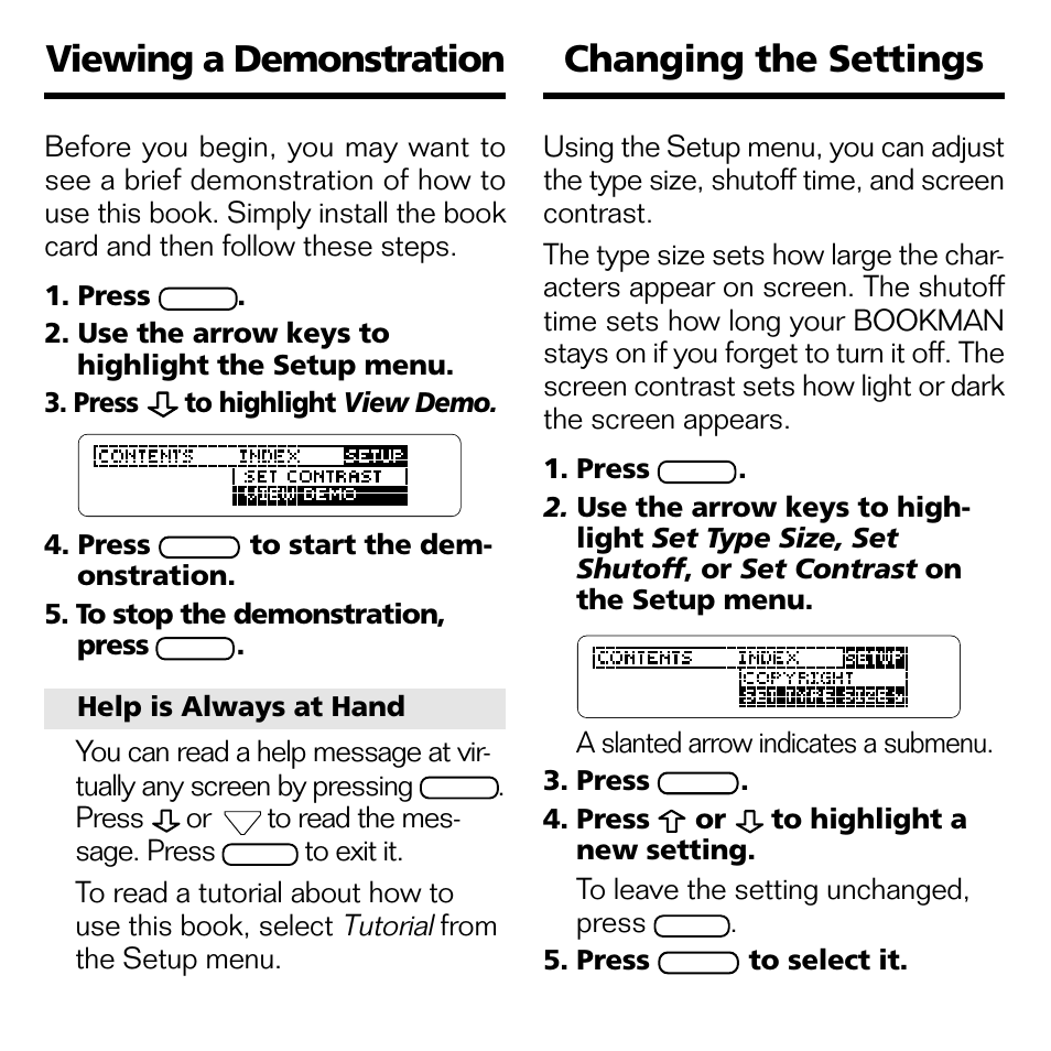 Viewing a demonstration, Changing the settings, Viewing a demonstration changing the settings | Franklin GWH-2055 User Manual | Page 7 / 21