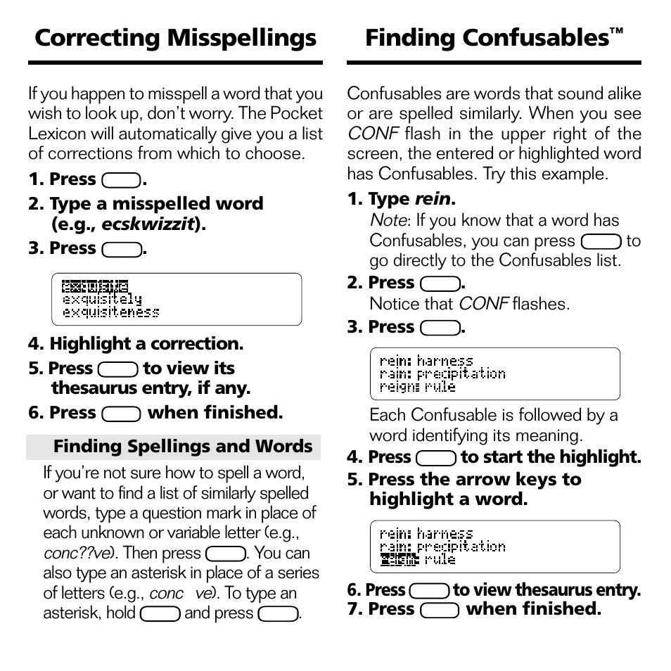 Correcting misspellings, Finding confusables, Correcting misspellings finding confusables | Conf, Conc??ve, Conc✻ve | Franklin POCKET LEXICON TMQ-440 User Manual | Page 11 / 20