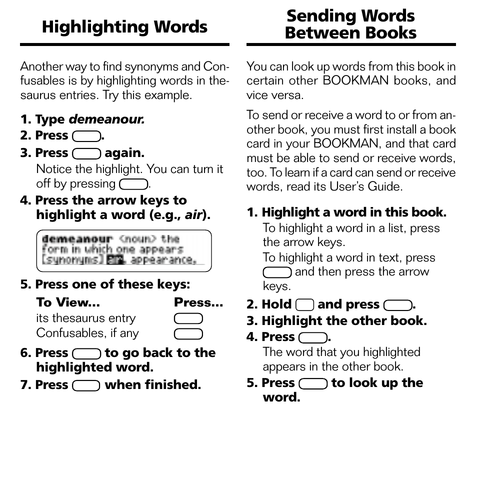 Highlighting words, Sending words between books, Highlighting words sending words between books | Franklin POCKET LEXICON TMQ-440 User Manual | Page 12 / 20