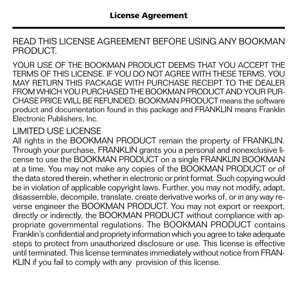 License agreement | Franklin POCKET LEXICON TMQ-440 User Manual | Page 2 / 20