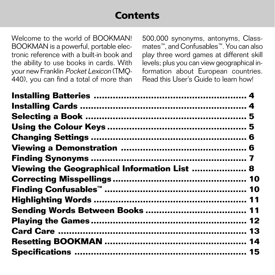 Franklin POCKET LEXICON TMQ-440 User Manual | Page 3 / 20