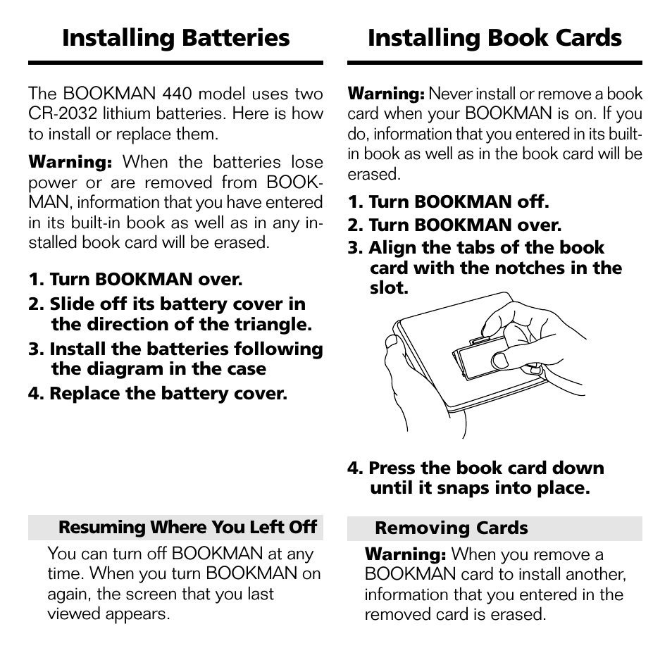 Installing batteries, Installing book cards, Installing batteries installing cards | Installing book cards installing batteries | Franklin POCKET LEXICON TMQ-440 User Manual | Page 5 / 20