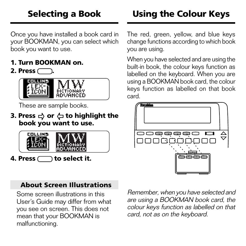 Selecting a book, Using the colour keys, Selecting a book using the colour keys | Franklin POCKET LEXICON TMQ-440 User Manual | Page 6 / 20