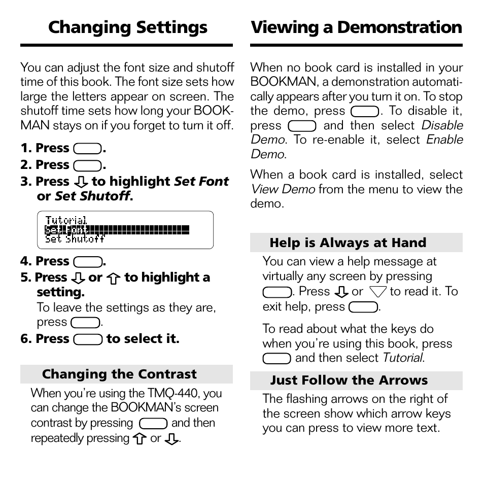 Changing settings, Viewing a demonstration, Changing settings viewing a demonstration | Franklin POCKET LEXICON TMQ-440 User Manual | Page 7 / 20