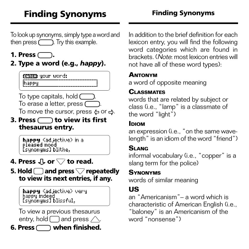 Finding synonyms | Franklin POCKET LEXICON TMQ-440 User Manual | Page 8 / 20