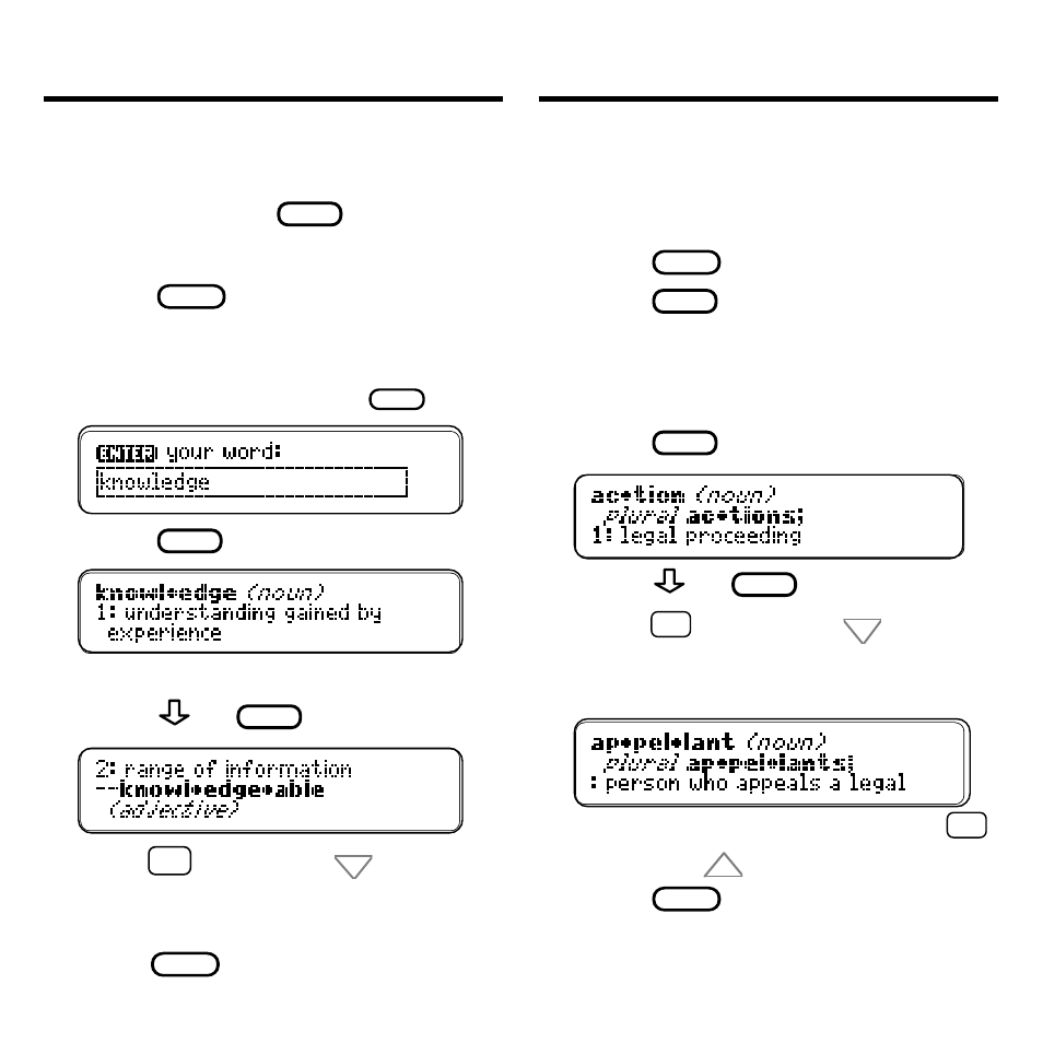 Finding definitions and, Finding words in definitions, Finding definitions | Try this ex- ample, This is a dictionary entry, And press | Franklin MWS-2018 User Manual | Page 8 / 19