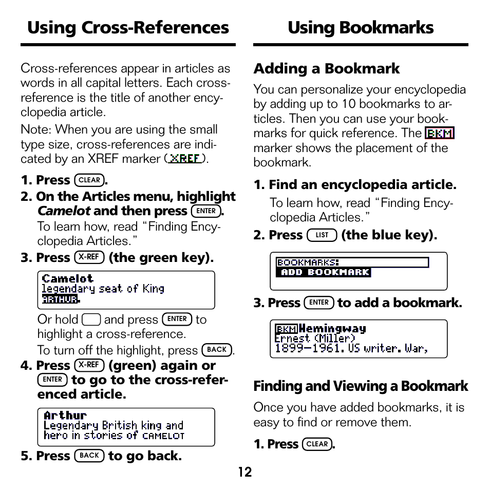 Using cross-references, Using bookmarks, Using cross-references using bookmarks | Adding a bookmark, Finding and viewing a bookmark | Franklin EMQ-2061 User Manual | Page 13 / 19