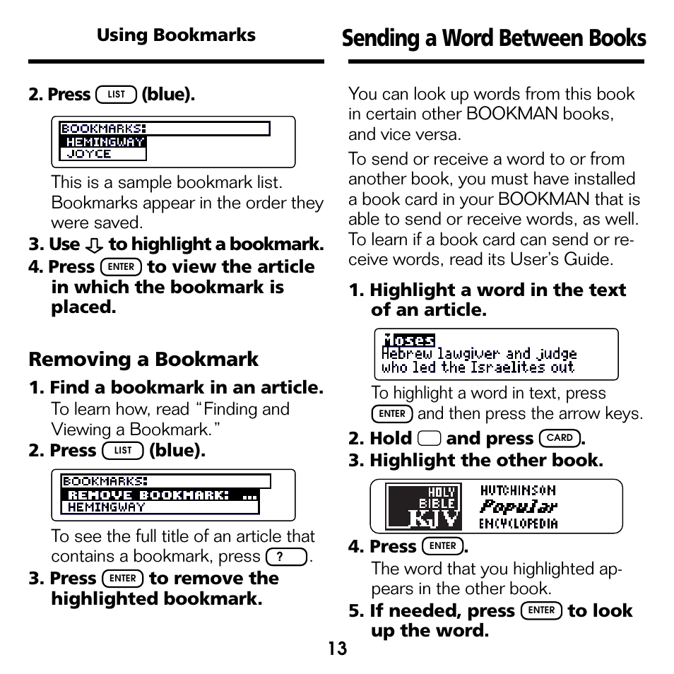 Sending a word between books, Removing a bookmark | Franklin EMQ-2061 User Manual | Page 14 / 19