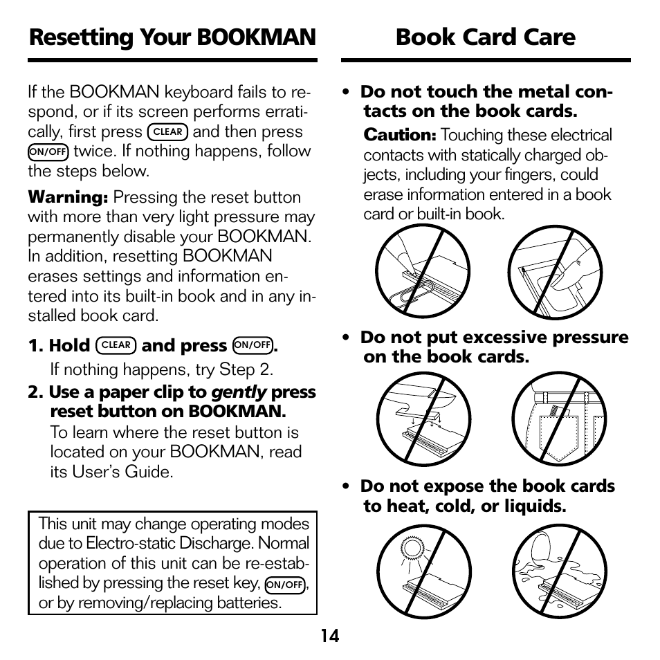 Resetting your bookman, Book card care, Resetting your bookman book card care | Franklin EMQ-2061 User Manual | Page 15 / 19