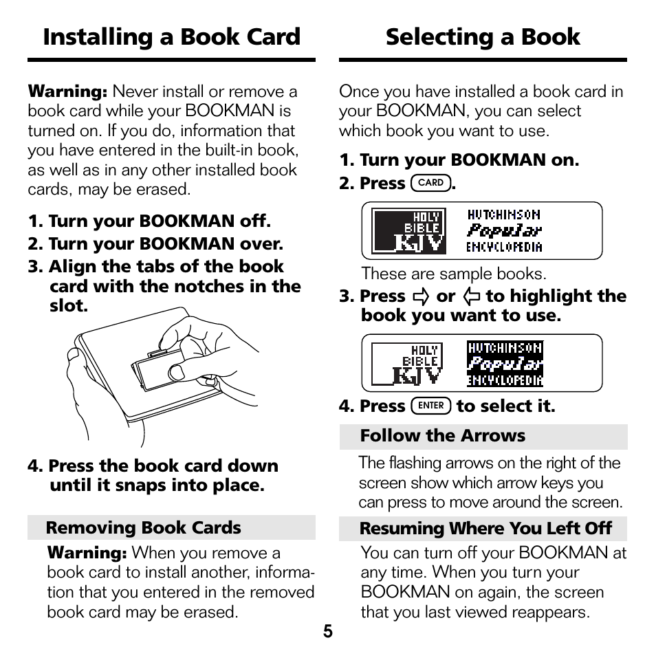 Installing a book card, Selecting a book, Installing a book card selecting a book | Franklin EMQ-2061 User Manual | Page 6 / 19
